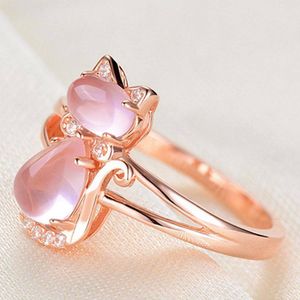 Al por mayor-Animal Anillo de gato de color oro rosa para mujeres Niñas Anillo de dedo de gatito de piedra de cristal rosa Joyería ajustable abierta Regalos anillos