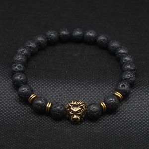 Bracelets en perles tête de Lion pour hommes et femmes, bijoux en pierre de lave noire, vente en gros