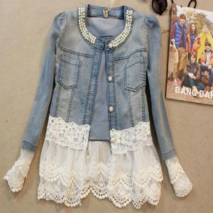 Gros- Automne 2022 Big Staple Perles Dentelle Couture Cowboy Veste Femme Chemise À Manches Longues Denim Jeans Femmes A646