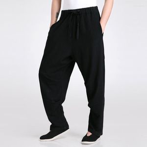 Al por mayor-Pantalones Wu Shu tradicionales de los hombres chinos negros Pantalón de lino de algodón Pantalones sueltos de ocio S M L XL XXL XXXL 2601-1