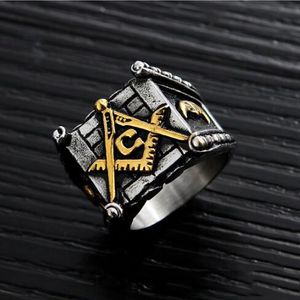 Vente en gros - Noir Titane Acier Inoxydable Hommes Anneaux Hip Hop Free Mason Punk Rétro Argent Couleur Rock Mâle Anneau COOL Bijoux