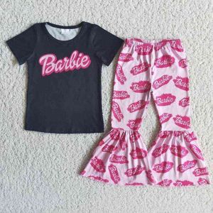 Vente en gros Boutique Enfants Vêtements Bébé Fille Noir À Manches Courtes Lettre Chemise Ensemble Enfants Chemise Rose Cloches Pantalon De Mode Outfit G0119