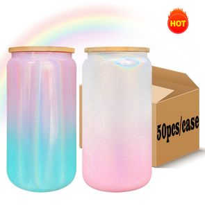 Vente en gros en vrac Couleur dégradé arc-en-ciel à haute teneur en borosilicate 16oz sublimation ombre verre scintillant peut scintiller tasse de voyage brillante avec couvercles et pailles bling paquet de 50