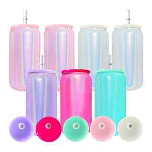 Vente en gros en vrac, livraison gratuite, tasse de voyage, sublimation vierge, couleurs mélangées, boîte en verre à paillettes scintillantes arc-en-ciel de 16 oz avec couvercle en plastique pour le transfert de chaleur par sublimation