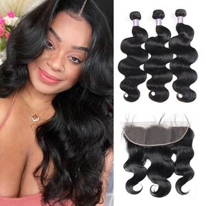 Ishow Brazilian Body Wave 3/4 PCS con encaje Frontal Peruano Suelto Profundo Rizado Rizado Paquetes de cabello humano con cierre Agua recta para mujeres 8-28 pulgadas Negro natural