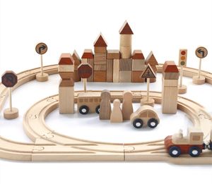 Jouets en bois créatifs pour enfants en gros Train de piste forestière assemblé blocs de construction reconnaissance des panneaux de signalisation bébé jouets d'éducation précoce