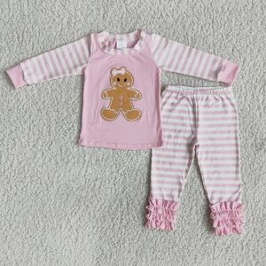 Gros enfants hiver bébé filles vêtements de nuit ensemble enfants pain d'épice broderie rose rayé pantalon tenue enfant en bas âge pyjamas 240123
