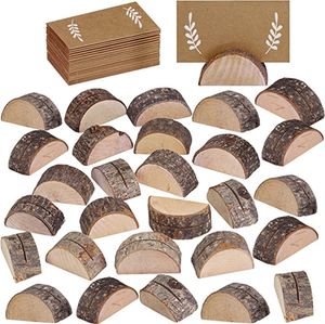 Décorations de Noël en gros Porte-cartes de lieu de mariage en bois rustique Cartes Kraft Support de numéros de table demi-rond Support en bois Clip de note de mémo Carte d'escorte