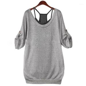 Camiseta de mujer al por mayor-COCKCON otoño 2021 moda señoras mujeres suelta algodón manga larga espalda hueco camiseta Tops camisetas + chaleco 2 uds Set1