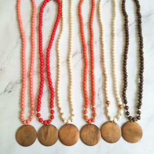 Collier de perles en bois personnalisé, créatif, pendentif disque vierge de 5cm, accessoires, vente en gros