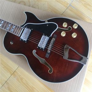 Guitare électrique jazz couleur marron personnalisée en gros 6 cordes double F semi-creux avec nouveau