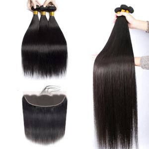 13X4 Frontal de encaje con paquetes de cabello Onda del cuerpo Brasileño Peruano Indio Malasio Virgen Cabello humano teje Cierre Color negro natural 4pcs