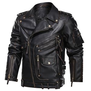 Venta al por mayor Diseñador para hombre Chaqueta de cuero de invierno Motocicleta PU Chaqueta de cuero Hombres Cremallera fresca Multibolsillo de cuero Bicicleta Chaquetas Hombre Abrigos