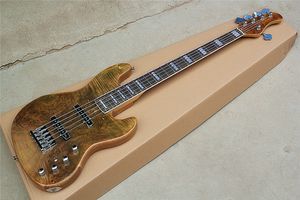 Vente en gros de guitare basse électrique 5 cordes marron directe avec touche en palissandre, matériel chromé, 2 micros, peut être personnalisé.