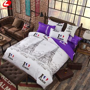 Vente en gros - Ensemble de literie Tour Eiffel Ensemble de housse de couette 4pcs Ensemble de lit PAIRS Housse de couette Londres Housse de couette drap plat Violet Literie New York