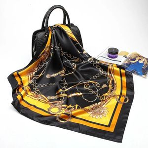 Moda de moda Floral Impresión Floral Seda de satén de satén y envolturas de hijab bufandas 90 cm*90 cm Bufandas de bolsa cuadradas para mujeres 240415