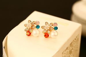 Al por mayor-diseñador de moda de lujo colorido cristal flor diamante circón perla súper brillante aretes para mujer pin de plata
