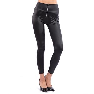 Gros-Livraison gratuite Mode Sexy Brillant Métallisé Taille Haute Noir Extensible En Cuir Leggings / Pantalons