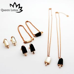 Venta al por mayor- Pendientes de botón de acero inoxidable de moda Joyería vintage para mujer Diseño de marca de forma de helado de turquesa de concha blanca