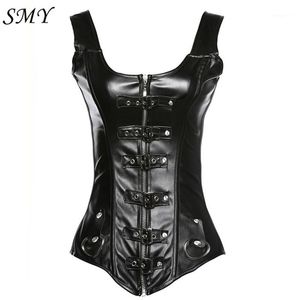 Al por mayor- Libre Sexy Negro Faux Leather Overbust Cintura Corsé Top Hebilla Steampunk Mujeres Bustier Cincher Corselet