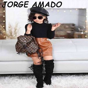 Venta al por mayor, trajes para niñas, ropa de invierno para suéter de cuello alto + falda de cuero, conjuntos de 2 uds para niñas E21740 210610