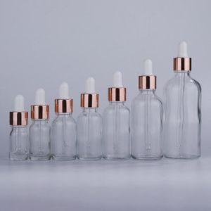 Bouteilles de gouttes de gouttes rechargeables en verre en gros 5 à 100 ml Récipient d'huile essentielle vide avec de nouveaux couvercles en or rose bbwph