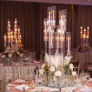 Venta al por mayor, jarrón cilíndrico con tapa de cristal, candelabro de poste acrílico, candelabro de cristal de 8 brazos para boda, centros de mesa, copa de cristal, candelabro para boda