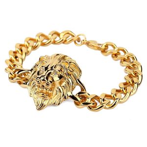 Gros-Gold Bracelet Hommes Hiphop Lion Head Bracelet Charms Chaînes De Poignet En Acier Inoxydable Punk Rock Bracelet 24cm