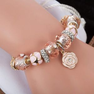 Vente en gros - Chaîne de serpent en or Nouveau bracelet à breloques 925 bracelet en argent Perles de cristal Bracelets Fleur Pendentif Bracelet peut être ajusté Bijoux Diy