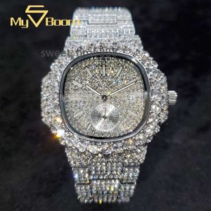 Montre en or en gros pour hommes diamant glacé Hip Hop montres à quartz élégantes pour hommes double cadran montres-bracelets étanches lourdes