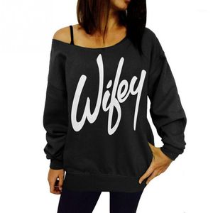 Camiseta de mujer Venta al por mayor- Hoddies Sudaderas Mujer 2021 Imprimir Wifey Sudaderas con capucha Sudadera con hombros descubiertos Tee1