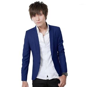 Trajes de hombre Blazers Venta al por mayor- S Llegada Primavera Moda Color zafiro Elegante Slim Fit Traje de hombre Chaqueta Casual Vestido de negocios M-3XL