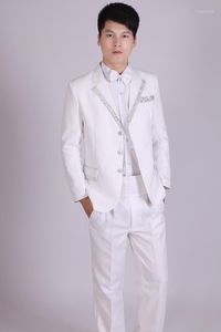 Costumes pour hommes Blazers en gros- (veste + pantalon) trois boutons hommes blanc argent costume de mariage hommes maître scène spectacle hôte chanteur costumes1