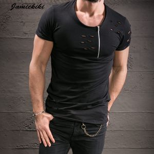 Gros-Jamickiki Summer t-shirts Hommes Marque Vêtements O-cou À Manches Courtes Trous Décoratifs Zipper t-shirt Hommes Tees Tops Homme