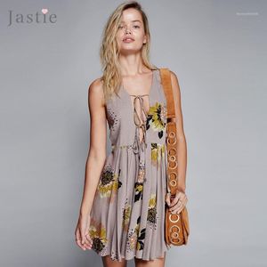 Robes de soirée en gros- Jastie Loveliest Day Tunique Mini Robe Flowy Plongeant Col en V Bas Dos Ouvert Sexy Femmes Imprimé Sans Manches Boho Vestid