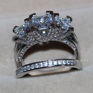 Bijoux en gros Vintage 925 argent sterling trois pierres diamant simulé zircone mariage bagues de fiançailles SET pour les femmes aiment la taille 5-11