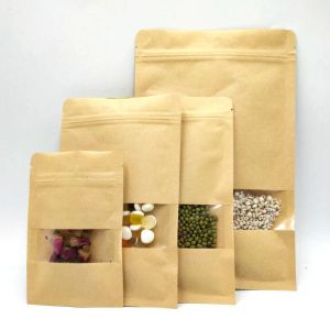 wholesale Sac d'emballage en papier kraft Comestibles Pochette à fermeture éclair en Mylar avec fenêtre transparente pour le tabac, les herbes sèches, les collations, le thé, les bonbons, les grains de café ZZ