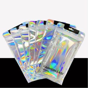 Vente en gros, sac d'emballage de étui de téléphone portable Laser, étui en aluminium transparent doré, sac en plastique auto-scellant