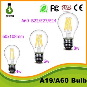 Bombilla de filamento led A60 6W 8w BOMBILLA LED E27 Lámpara de bombilla de filamento transparente global e27 / e14 / b22 110v 220v