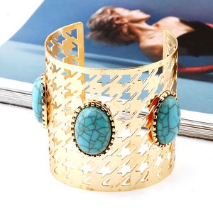 Gros-designer de luxe géométrique belle pierre turquoise creux réglable bracelet manchette ouverte pour femme