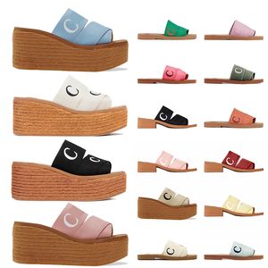 Vente en gros de luxe Womens Designer Woody Sandales Espadrille Wedge Platform Sliders Lin Brodé Talon Haut Plat Mule Mocassins Chaussures Pantoufles Rose Blanc Noir