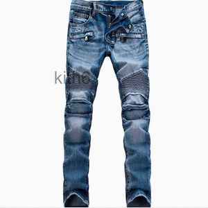 Venta al por mayor-Moda masculina de alta calidad Ripped Biker Jeans Hombres desgastados Moto Denim Joggers lavados pantalones plisados Negro Azul Blanco 100T