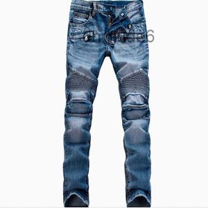 Al por mayor-Moda para hombre de alta calidad Ripped Biker Jeans Hombres desgastados Moto Denim Joggers lavados pantalones plisados Negro Azul Blanco 3454
