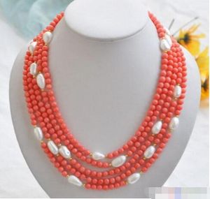 venta al por mayor natural 5row pink5-6mm coral perla blanca barroca COLLAR17-21''
