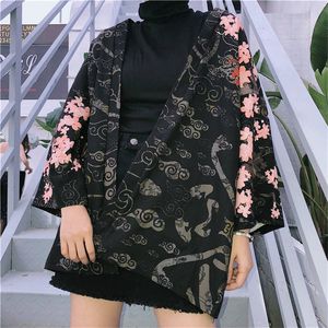 Gros-Neploe Japonais Femmes Cardigan Demi Manches Col En V Kimono Blouses Chinois Dragon Imprimer Manteau Lâche Soleil-protection Chemises 35349