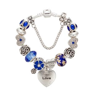 Venta al por mayor-Nuevas pulseras con dijes Brazalete plateado para mujeres Corazón Pulsera azul chamilia Beads encantos de flores Diy Jewelry como regalo de navidad