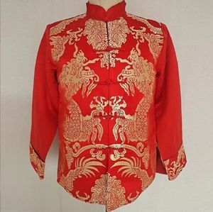 Vente en gros nouveau style chinois rouge hommes costume Tang veste brodé dragon satin manteau fête d'anniversaire robe de mariée vestes taille S-3XL