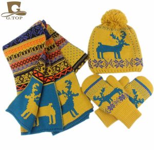 Venta al por mayor-Nuevos guantes de bufanda de sombrero de lana Elk Jacquard conjunto de invierno cálido regalo de Navidad de tres piezas para mujer envío gratis