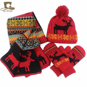 Al por mayor-Nuevos guantes de la bufanda del sombrero de lana de Elk Jacquard fijaron el regalo de Navidad caliente de tres piezas del invierno de las mujeres que envía libremente