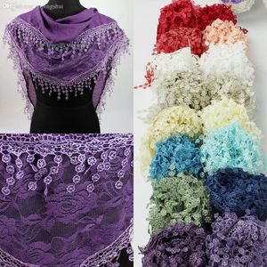 Al por mayor-Nuevas mujeres Rose Floral Tulle Lace Stitching Fabric Triangle Scarf Shawl Lace Trim Tassel